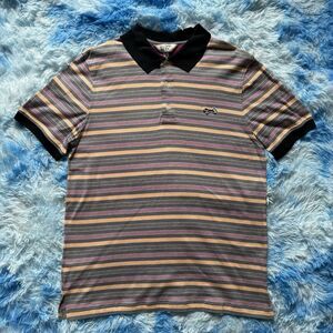 Retro Fox Striped Polo Shirt Mens XL Black Collar Multi Stripe